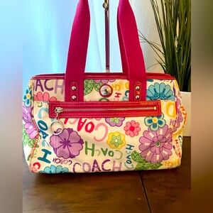 Coach Multicolor Floral Graffiti Tote with Pink Handles